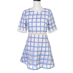 Just Me Blue & Pink Windowpane Plaid Overlay Fit & Flare Layered Dress